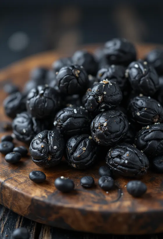 Wrinkled black Tonka beans on a wooden board.