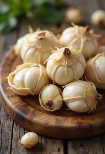 Sliced water chestnuts on a chopping board, surrounded by fresh vegetables