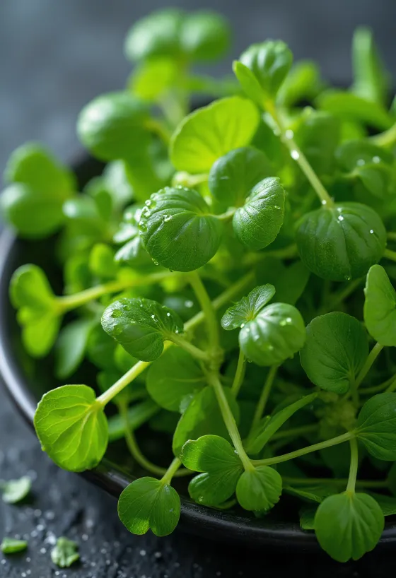 Fresh watercress leaves on a wooden kitchen counter with water droplets