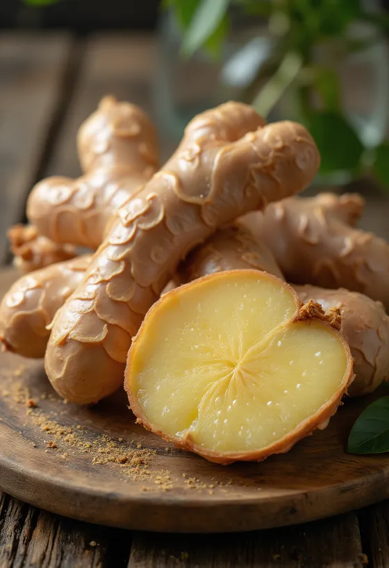 Sliced zerumbet ginger root on a wooden kitchen counter