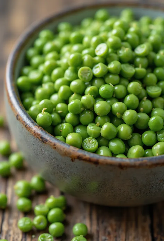 Green split peas arranged on a chopping board