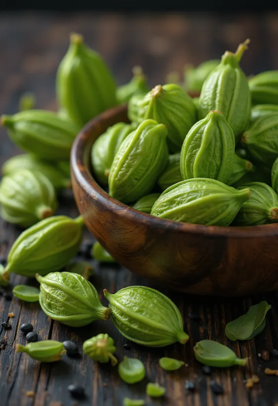 Dried green cardamom seeds scattered on a rustic wooden surface.