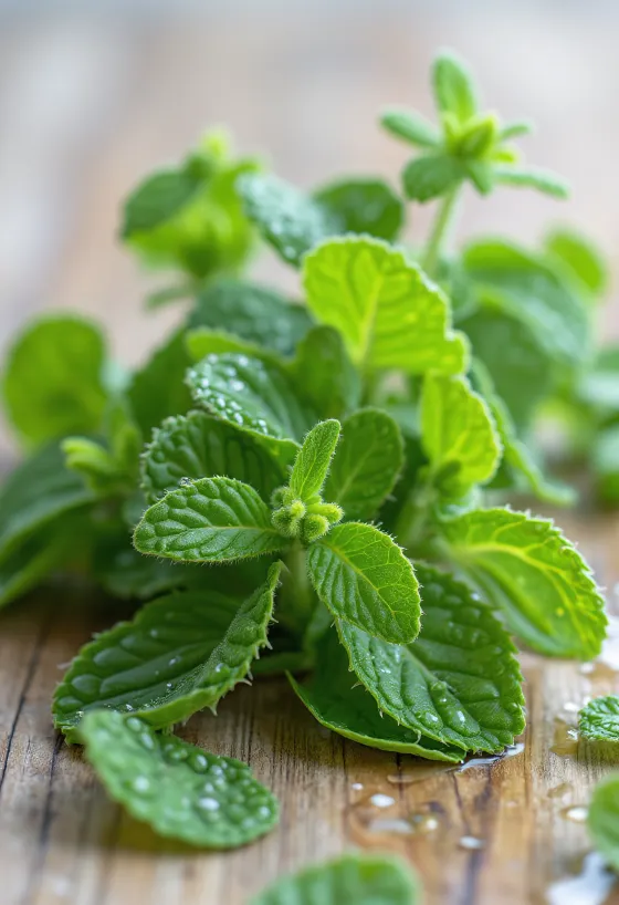 Fresh apple mint leaves on a plate.