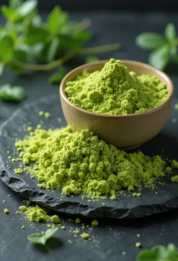 Barley grass powder in a small glass jar, rich green colour, surrounded by fresh barley grass