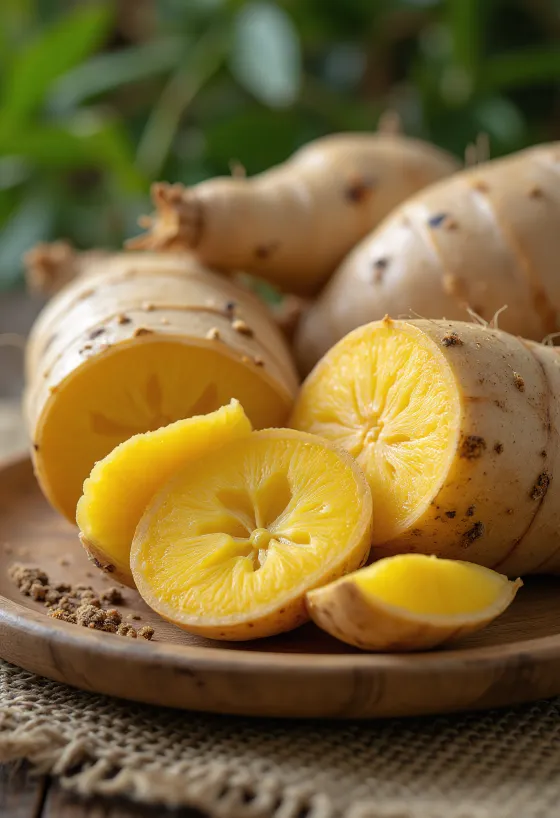 Image of Arracacha root, cut slices on a chopping board