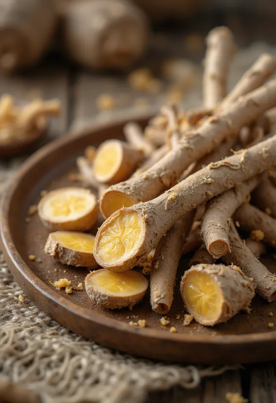 Sliced dried liquorice root pieces on a wooden surface