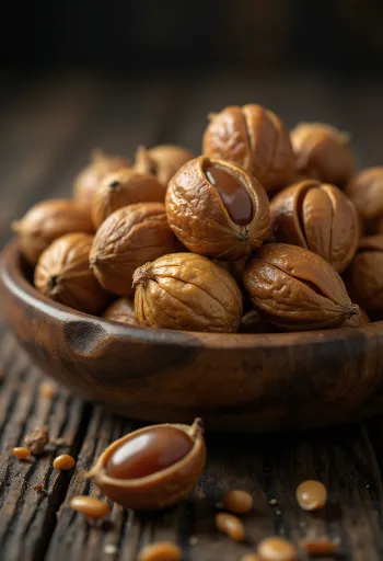 Okari nuts on a wooden surface.