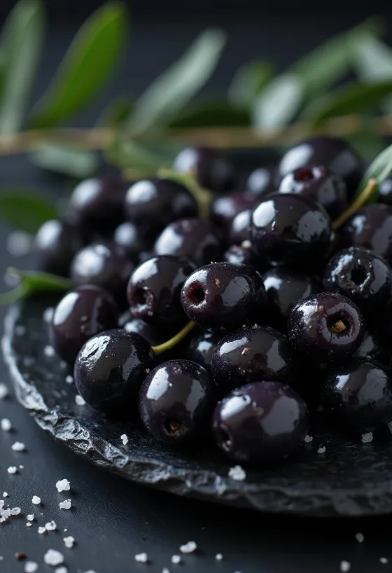 Fresh black olives with smooth skin.