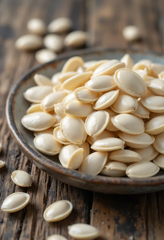 Whole pumpkin seeds with greenish-brown shells and light kernels