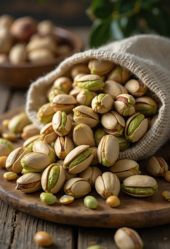 Raw in-shell pistachios revealing green kernels.