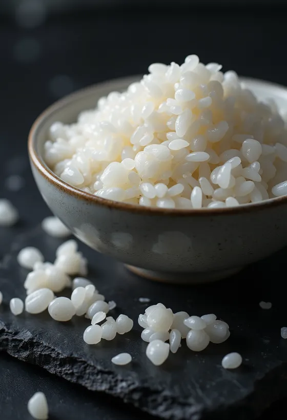 Freshly cooked sushi rice showing sticky, round grains.
