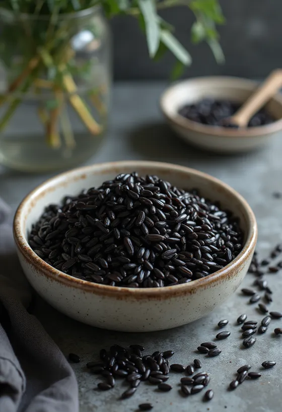 Freshly cooked wild rice with long, dark grains