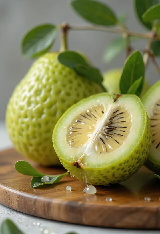Feijoa fruit showing green skin and juicy flesh