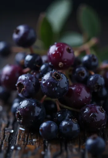 Close-up of fresh black elderberries with a glossy dark purple skin