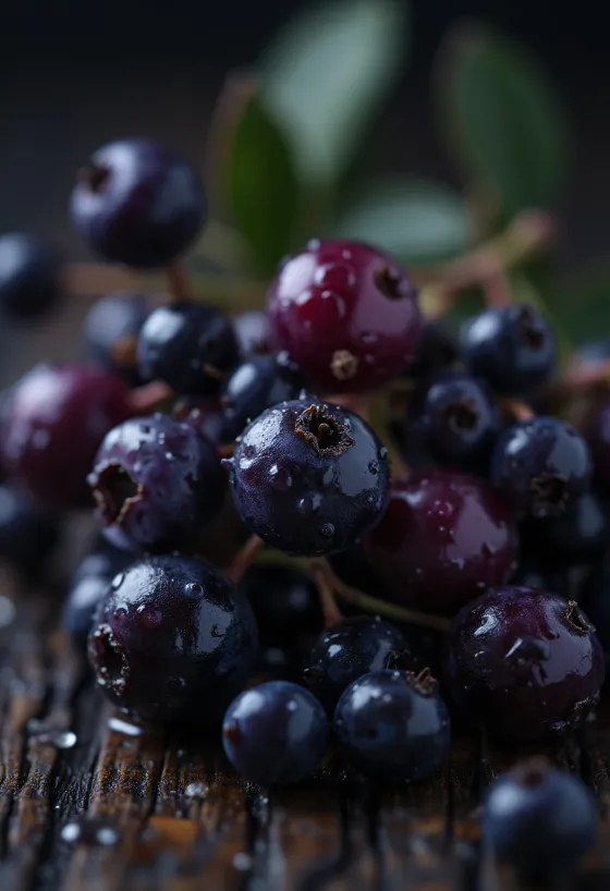 Close-up of fresh black elderberries with a glossy dark purple skin