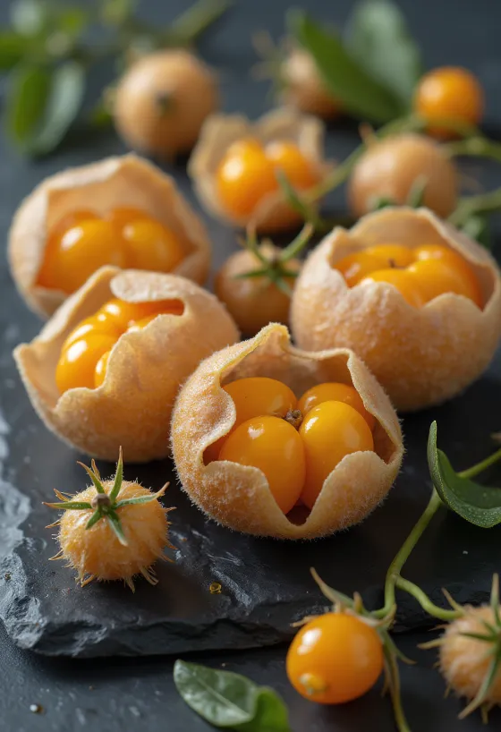Physalis (Cape Gooseberry) berries, vibrant orange colour with papery husks