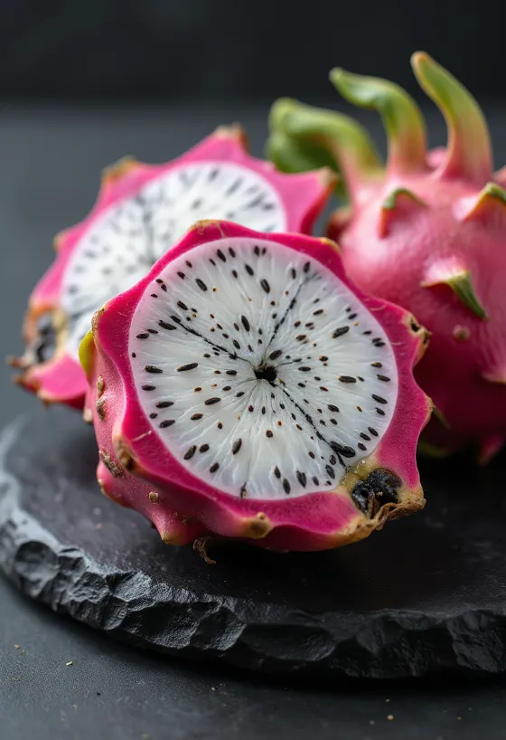 Dragon fruit (Pitahaya) white fleshed variety, vibrant pink skin and black seeds