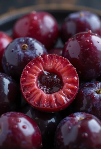 Cherry plum slice, vibrant red flesh close-up, highlighting the juicy texture
