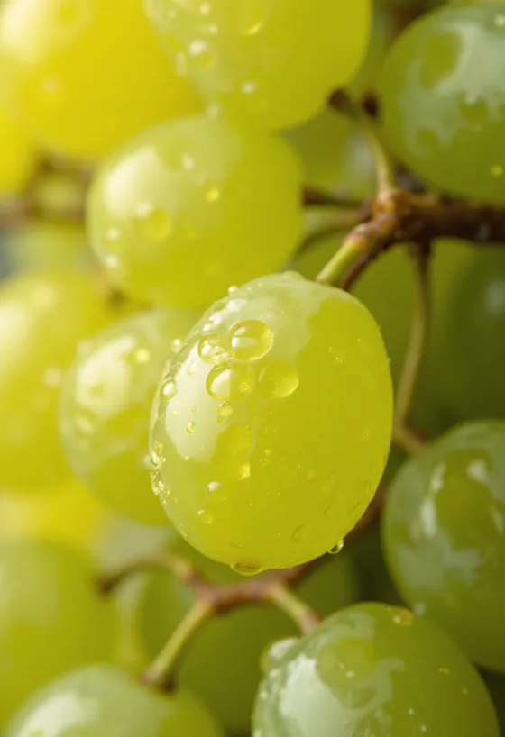 Close up of Irsai Oliver grapes, fresh juicy green-yellow berries