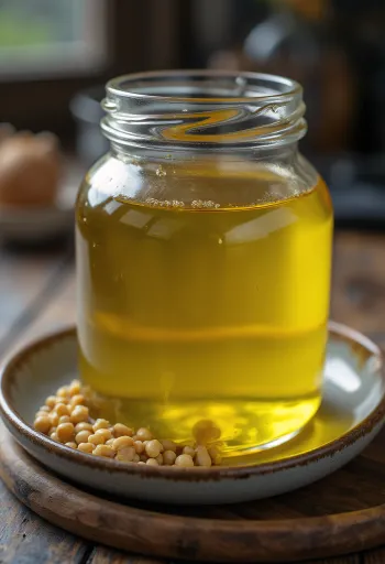 Mustard oil in small glass bottle surrounded by mustard seeds