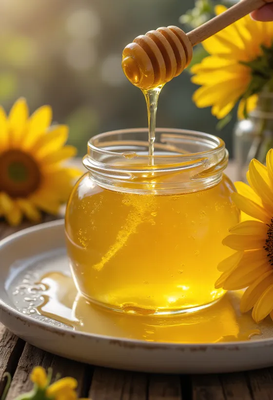 Sunflower honey in jar with dipper and sunflower blossoms