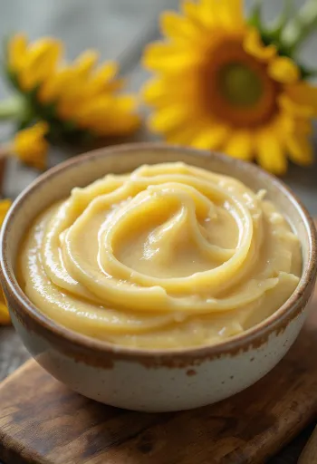 Sunflower seed butter in a jar, beside hulled sunflower seeds on a wooden surface