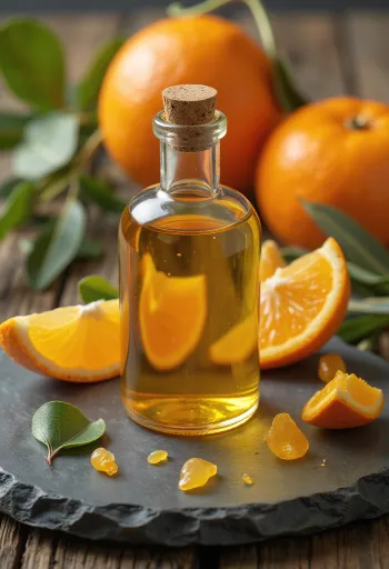 Orange oil in a small bottle, beside fresh orange slices and peel