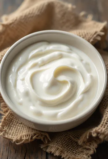 Natural yoghurt in a small bowl, creamy white texture