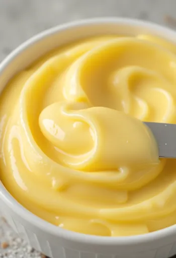 Plant-based margarine in glass bowl and on knife on wooden surface, kitchen setting