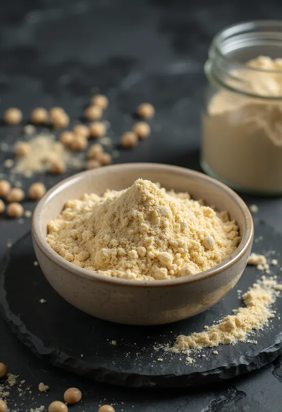 Raw pea protein powder in a bowl with yellow peas