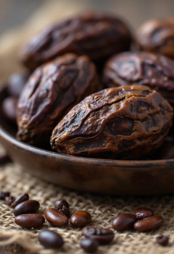 Raw unfermented cacao beans and pods in natural form