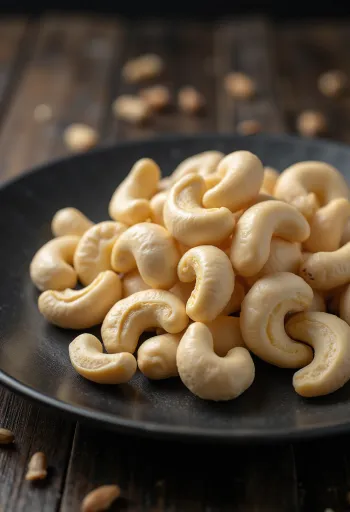 Raw shelled cashew nuts on a white background, natural arrangement
