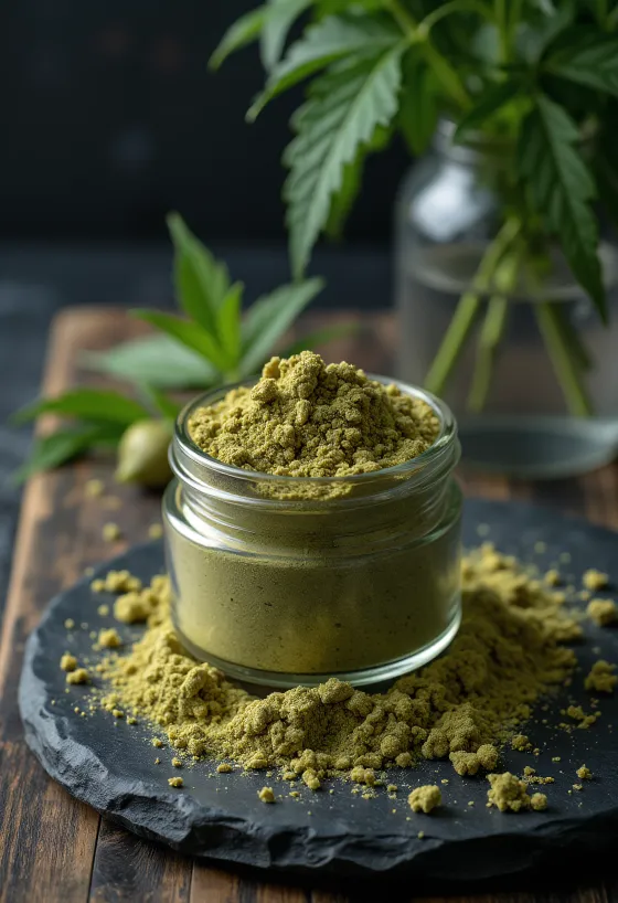 Raw hemp protein powder in bowl with hemp seeds