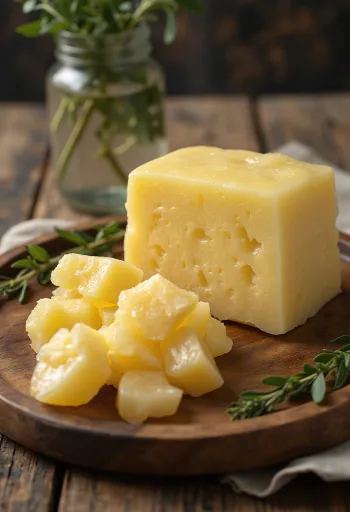 Raw beef suet in a small bowl surrounded by trimmed fat pieces