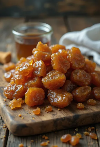 Chunks of raw propolis on a wooden surface in its natural state