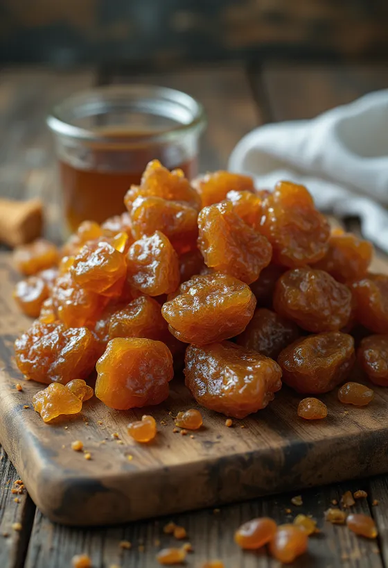 Chunks of raw propolis on a wooden surface in its natural state