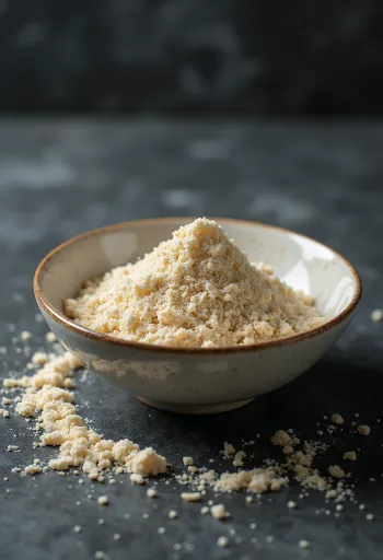 Pale beige raw rice protein powder in a bowl, alongside brown rice