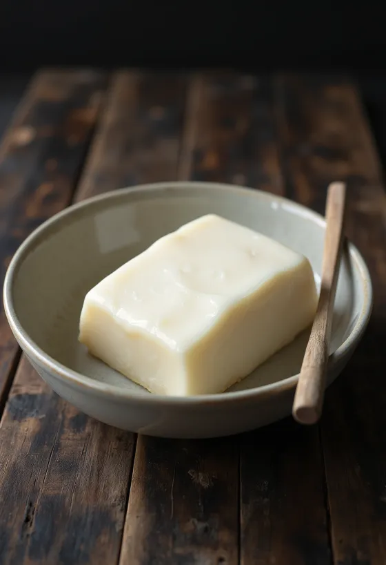 Raw pork fat in a small bowl surrounded by unprocessed fat pieces