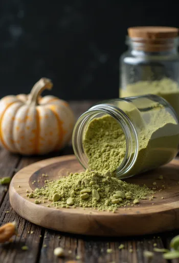 Raw pumpkin seed protein powder in green powder form, alongside pumpkin seeds