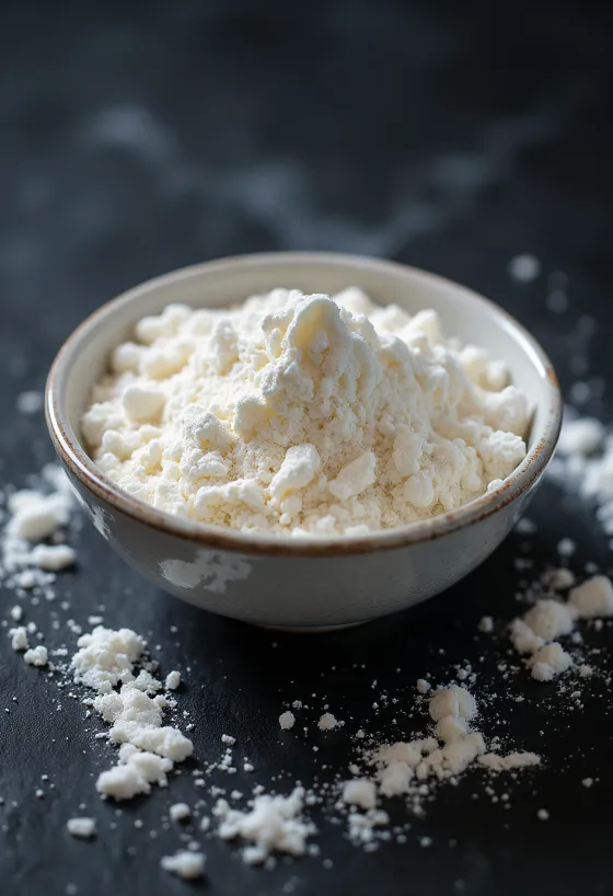 Arrowroot flour in ceramic bowl with wooden spoon on light surface
