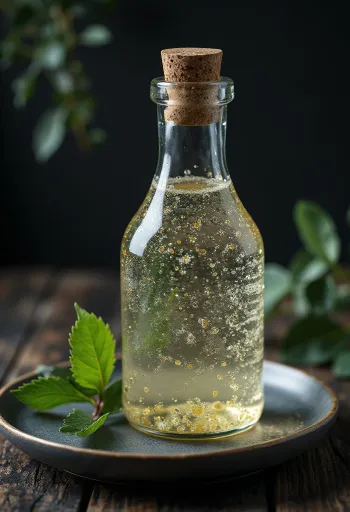 Birch water in glass bottle and glass, with birch bark and twigs