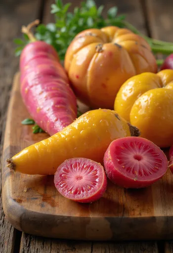 Colourful Oca tubers showing detailed texture.