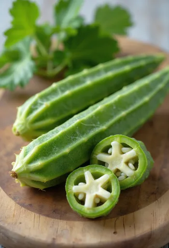 Fresh okra pods, sliced and whole on a wooden chopping board