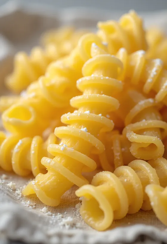 Dried fusilli pasta scattered on a wooden surface in spiral form
