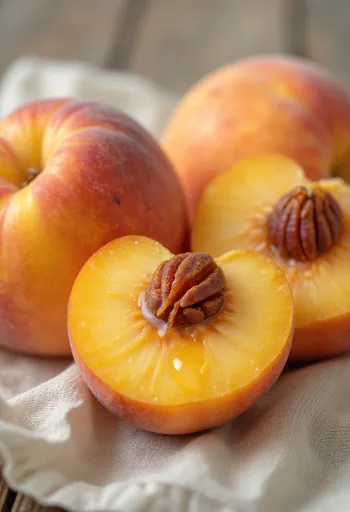Whole and halved peaches on a rustic table in sunlight