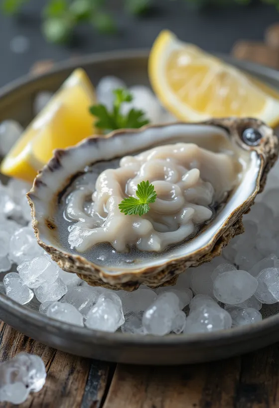 Fresh raw oyster meat on ice served with lemon and herbs