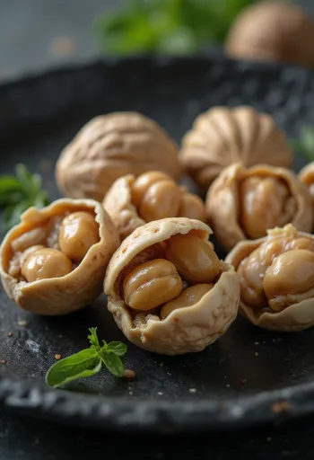 Thin-shelled walnut kernels in rustic bowl, light kernels