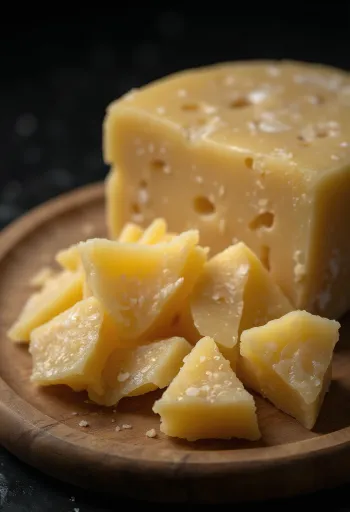 Sliced and grated Parmesan cheese on a wooden chopping board