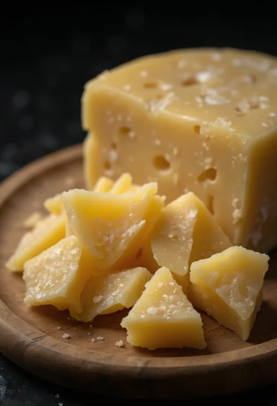 Sliced and grated Parmesan cheese on a wooden chopping board