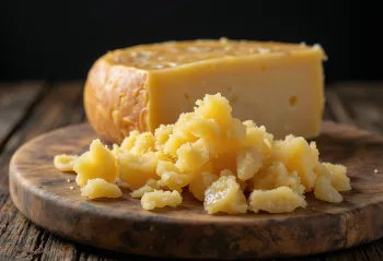 Sliced and grated Parmesan cheese on a wooden chopping board